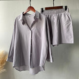 hulianfu Summer Casual Two-piece Suit  Women's Retro Fashion Shorts Suites Shirt High Waist Loose Bohemian Shorts Women's Suit Top