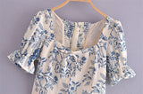 Hulianfu French Vintage Square Collar Puff Sleeve Folds Lace-Up Shirt Zipper Female Floral Print Summer New Fashion Crop Tops Women