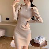 Hulianfu Women Knitting Full Puff Sleeve Base Sweaters Dresses Girls Slim Turtleneck Mini Sheath Knitwear Dress Real Photos