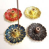 HULIANFU Mini Meditation Buddha Sandalwood Stick Holder Burner Round Dish Enamel Lotus Flower Catcher Plate Incense Holders Home Decor