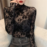 Hulianfu Girls Transparent Corduroy Printing Mesh T-Shirts Tees Female Turtleneck Full Sleeve Tshirt Tops For Women