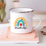 HULIANFU Rainbow Teacher Printed Enamel Mug Creative Retro Coffee Water Cups Drink Dessert Milk Cup Mugs Handle Drinkware Teacher Gifts