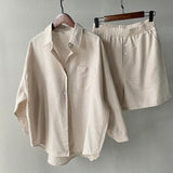 hulianfu Summer Casual Two-piece Suit  Women's Retro Fashion Shorts Suites Shirt High Waist Loose Bohemian Shorts Women's Suit Top