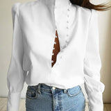 Hulianfu Elegant Turtleneck Blouse Long Sleeve White Shirt Office Ladies Top Casual Solid Single-Breasted Puff Sleeve Womens Blouses