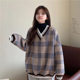 Oversized Hoodie Plaid Pullovers V-Neck Long Sleeve Top Women Loose Korean Fashion Clothing Harajuku Sweatshirt Women Clothing