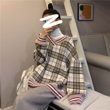 Oversized Hoodie Plaid Pullovers V-Neck Long Sleeve Top Women Loose Korean Fashion Clothing Harajuku Sweatshirt Women Clothing