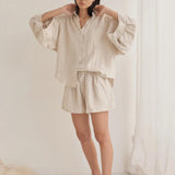 hulianfu Summer Casual Two-piece Suit  Women's Retro Fashion Shorts Suites Shirt High Waist Loose Bohemian Shorts Women's Suit Top