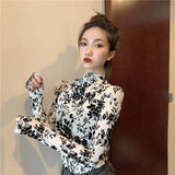 Hulianfu Girls Transparent Corduroy Printing Mesh T-Shirts Tees Female Turtleneck Full Sleeve Tshirt Tops For Women