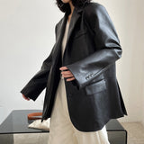 Hulianfu Autumn and winter women's casual solid color single-breasted pocket decoration loose PU jacket