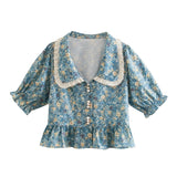 Hulianfu New French Style Lace Patchwork Floral Print Crop Tops Women Summer Casual Chic Peter Pan Collar Blouses Female Fashion Top