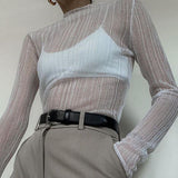 Hulianfu Fall Elegant See Through Long Sleeve Mock Neck Women Tops Fashion Streetwear Sexy T-Shirts Tees Slim Clothes