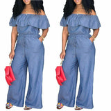 Hulianfu Fashion Casual Women Solid Off Shoulder Long Romper Jumpsuit Bodysuit Overall Wide Legs