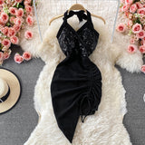 Hulianfu Summer Women Dress Sexy Lace-up Halter Sleeveless Sequins Party Dress High Waist Drawstring Ruched Irregular Backless Club Dress