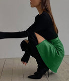 Hulianfu Faux Leather Crocodile Pattern A-Line Skirt Women Fashion Elegant Solid Green High Waist Split Mini Skirts Autumn