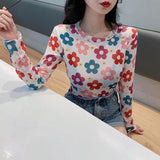Hulianfu Angel Print Sheer Blue Black Mesh Long Sleeve Blouse Shirts Women Spring Summer Pullovers Elegant Sexy See Through Tops