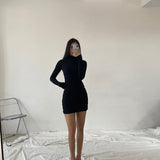 Hulianfu Autumn Fashion Sexy Solid Turtleneck Skinny Mini Dress Women Rib Knit Keep Warm Long Sleeve Slim Dress Streetwear