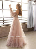 hulianfu  Sweet Dusty Pink Prom Dresses Off Shoulder Long Sleeves Princess Party Dresses Pleated Tulle A-Line Formal Evening Gowns