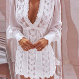 hulianfu Women Sheer Mesh Puff Sleeve Butterfly Lace Dress Women Dress