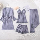 hulianfu Women Pajamas Set Satin 4PCS Sleepwear Bathrobe Striped Nightwear With Lace Soft Intimate Lingerie Casual Homewear