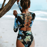 Hulianfu Swimwear Women Print Floral One Piece Swimsuit Long Sleeve Bathing Suit Retro Swimsuit Vintage Beach wear Surfing Swim Suit