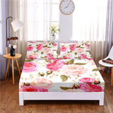HULIANFU Pretty Flower Digital Printed 3pc Polyester  Fitted Sheet Mattress Cover Four Corners with Elastic Band Bed Sheet Pillowcases