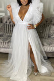 hulianfu Ladies Fashion Loose Large Swing Mesh Sexy Sleeveless V-neck Commuter Large Women Dress Pure White Dress