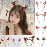 HULIANFU 2023 Christmas Headband Reindeer Antlers Horn Flower Hair Band Clasp Headwear for Kids Adult New Year Navidad Party Halloween Cosplay