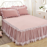 HULIANFU Pink Lace Lotus Leaf Lace Bed Skirts Princess Style Solid Color Bedspread Bed Cover Non-Slip Sheets Without Pillowcase