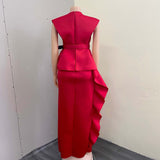 hulianfu Women  Short Sleeve V-Neck Fashion Slim Irregular Sexy Large Size Temperament Commuter High Waist Dress