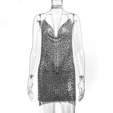 hulianfu Handmade Backless Sequin Metal Mesh Dress Women Chain Halter Rhinestone Chain Slit Night Club Birthday Party Dress Mini