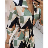 Spring Summer Lady Cover Up Women's Shirt Dress Wave Print Long Sleeve V-Neck Casual Loose Holiday Midi Dress Plus Size