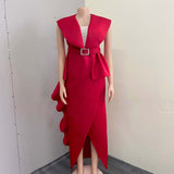 hulianfu Women  Short Sleeve V-Neck Fashion Slim Irregular Sexy Large Size Temperament Commuter High Waist Dress