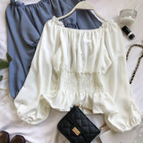 Hulianfu Youth Elegant Blouse Women Chiffon Fashion Blouse Off Shoulder White Shirt Ruffle Puff Sleeve Top Office wear