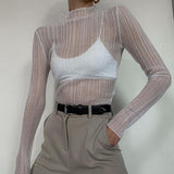 Hulianfu Fall Elegant See Through Long Sleeve Mock Neck Women Tops Fashion Streetwear Sexy T-Shirts Tees Slim Clothes