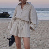 hulianfu Summer Casual Two-piece Suit  Women's Retro Fashion Shorts Suites Shirt High Waist Loose Bohemian Shorts Women's Suit Top