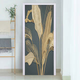 HULIANFU 2023 Door Sticker Modern Banana Leaf Light Luxury 3D Relief Golden Line Wallpaper Living Room Bedroom Abstract Art Door Poster Decor