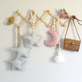 HULIANFU Nordic Boho Room Decor Double Star Moon Wooden Beads Cotton Hanging Wall Decoration Kawaii Kids Baby Bedroom Living Room Decor