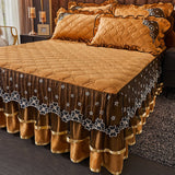 HULIANFU Luxury Super Soft Crystal Velvet Fleece Lace Ruffles Quilted Bed Skirt Mattress Cover Bedspread Pillowcase Bedding Home Textiles