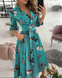 Spring Summer Lady Cover Up Women's Shirt Dress Wave Print Long Sleeve V-Neck Casual Loose Holiday Midi Dress Plus Size