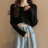 Hulianfu New Autumn Women Solid Sweater O-Neck Loose Sweater Pullover Crop Top Sweaters Shirts Femme Knit Outwear Jumpers