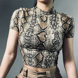 Hulianfu Sexy Crop Top Women Snake Print Tank Top Slim Primer High Collar Vest Harajuku Crop Tank Top T Shirt Femme Girls Camis Tops