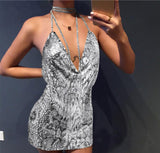 hulianfu Handmade Backless Sequin Metal Mesh Dress Women Chain Halter Rhinestone Chain Slit Night Club Birthday Party Dress Mini