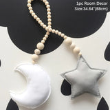 HULIANFU Nordic Boho Room Decor Double Star Moon Wooden Beads Cotton Hanging Wall Decoration Kawaii Kids Baby Bedroom Living Room Decor