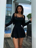hulianfu Women two piece cotton suit skirt short cardigan long sleeve sexy korean cross tank pleated skirt slim nightclub 6CN4