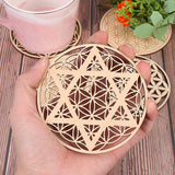 HULIANFU Log Color Chakra Pattern Round Edge Circles Carved Wooden Stand Coaster Flower of life Reload Stone Kitchen Hot Pad Mat Decor