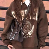 hulianfu Y2K Vintage Brown Sweatshirts Women Streetwear Egirl Aesthetic Letter Oversize Hoodies Harajuku Korean Style Female
