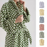 HULIANFU Luxurious Towels Plaid Retro Checkerboard Cotton Bathrobe Women Robe Soft Sleepwear Kimono Warm Bath Robes Coat Towel Homewear