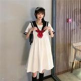 hulianfu Harajuku Sailor Collar Navy Dress Japanese Lolita Sweet Bow-knot Girl Retro Cotton Kawaii Preppy Style Short Sleeve Dress Women