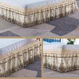 HULIANFU Top Selling Delicate Double Layers Luxury Stereoscopic Embroidered Flowers Lace Ruffle Bed Skirts with Strong Elastic Bed Cover