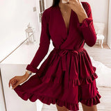 CVYATAYA New Arrived Flared Sleeves Ruffles V Neck Sexy Dress Women Spring Autumn Long Sleeve A-Line Solid Sashes Mini Dresses